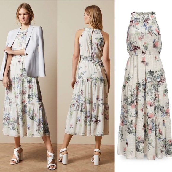 Ted Baker New With  Tags Ivory Floral Print Pergola Tiered MIDI Dress Size 6 - Picture 1 of 15